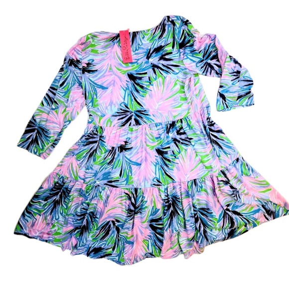 Lilly Pulitzer Geanna Dress Beach Bash Gecko GreenPink Short Tiered Swing XL New